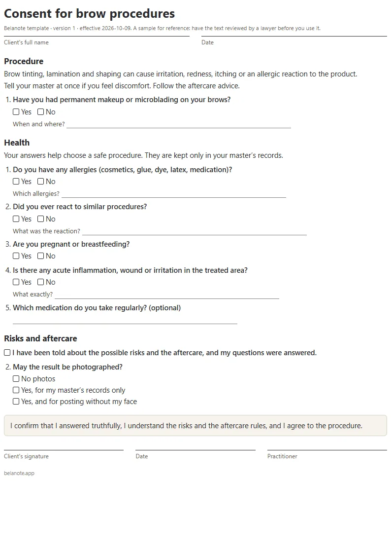 First page of the template “Consent for brow procedures”: the procedure description and a health questionnaire