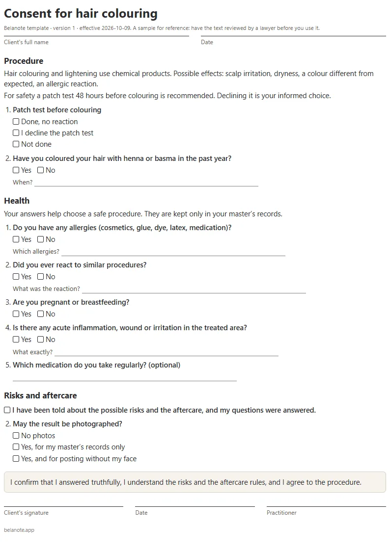 First page of the template “Consent for hair colouring”: the procedure description and a health questionnaire
