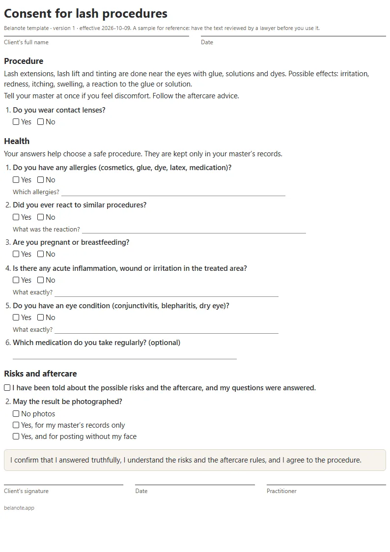 First page of the template “Consent for lash procedures”: the procedure description and a health questionnaire